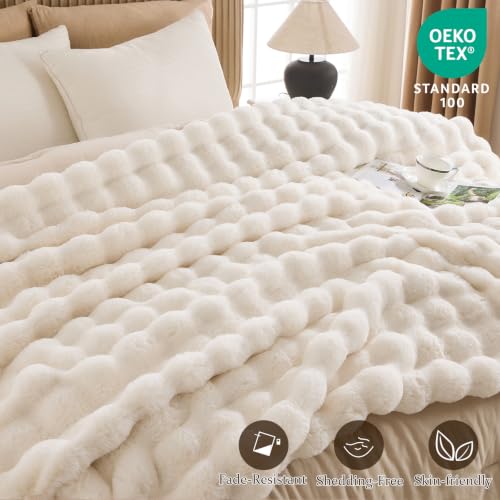 Cozy Bubble Faux Fur Twin Blanket for Couch, 60x80 Cream | Luxury Plush Fluffy Thick Blanket, Warm Soft Fuzzy Throw for Sofa Chair Bedroom and Living Room