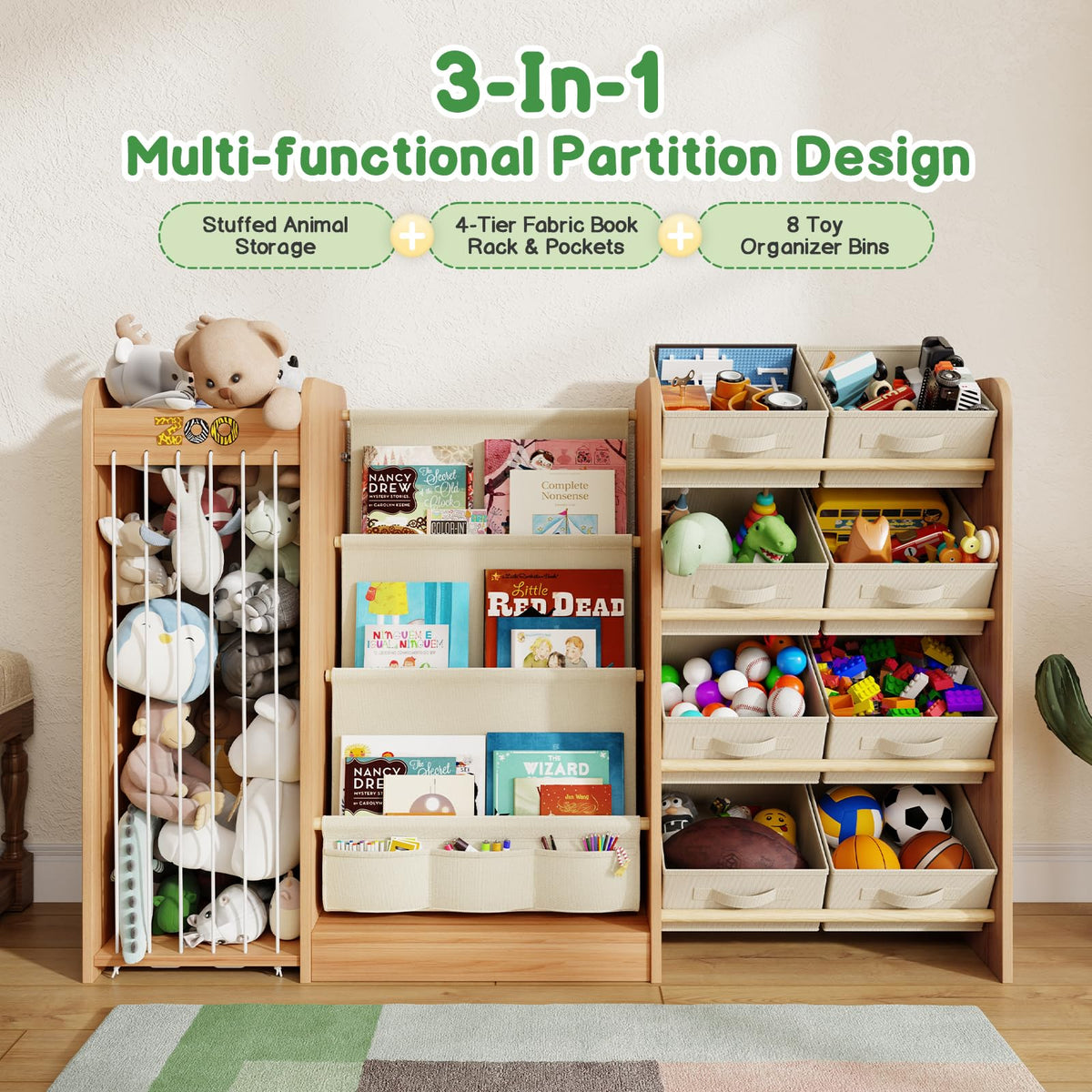 Kids Toy Organizer with Bookshelf & Stuffed Animal Storage, 51'', Burlywood | 3-in-1 Kids Toy Storage Shelf with 8 Bins, 4-Tier Bookshelf for Kids, Stuffed Animal Zoo for Kids Room, Playroom, Nursery
